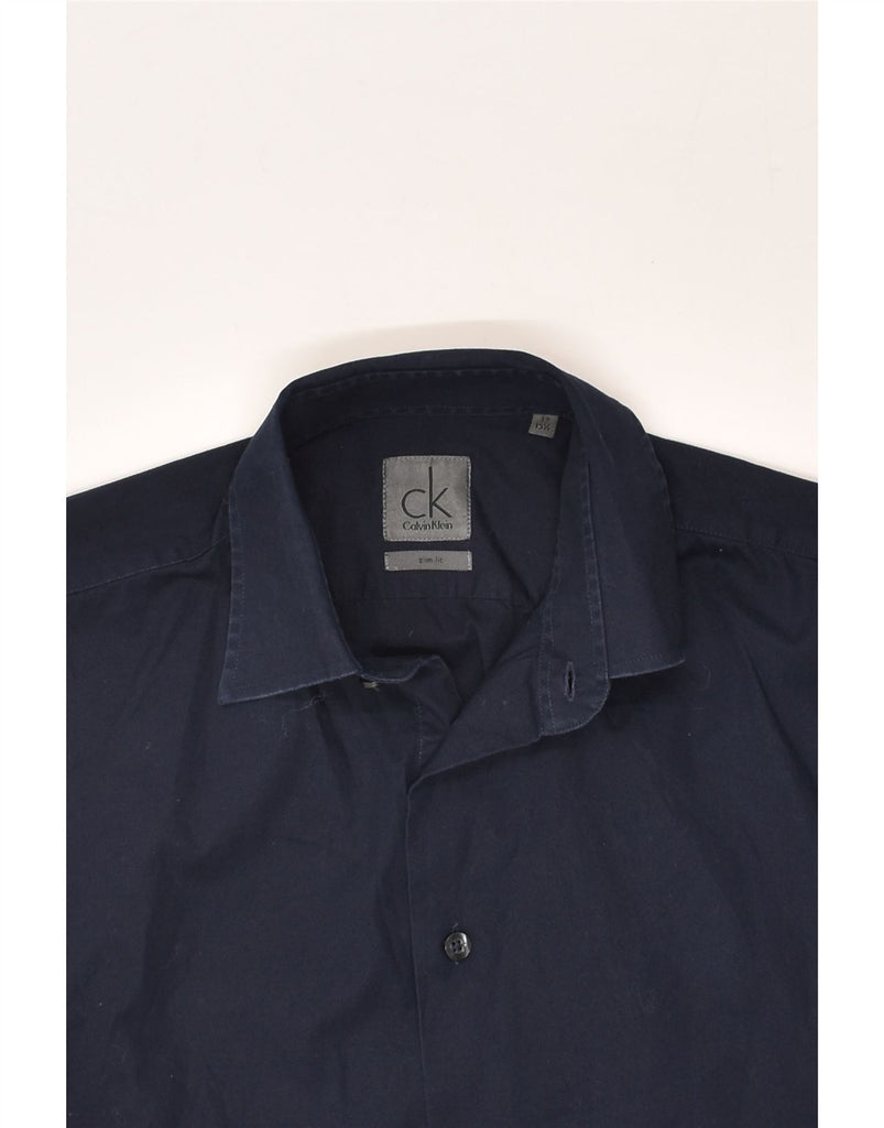 CALVIN KLEIN Mens Slim Fit Shirt Size 15 1/2 39 Medium Navy Blue Cotton | Vintage Calvin Klein | Thrift | Second-Hand Calvin Klein | Used Clothing | Messina Hembry 