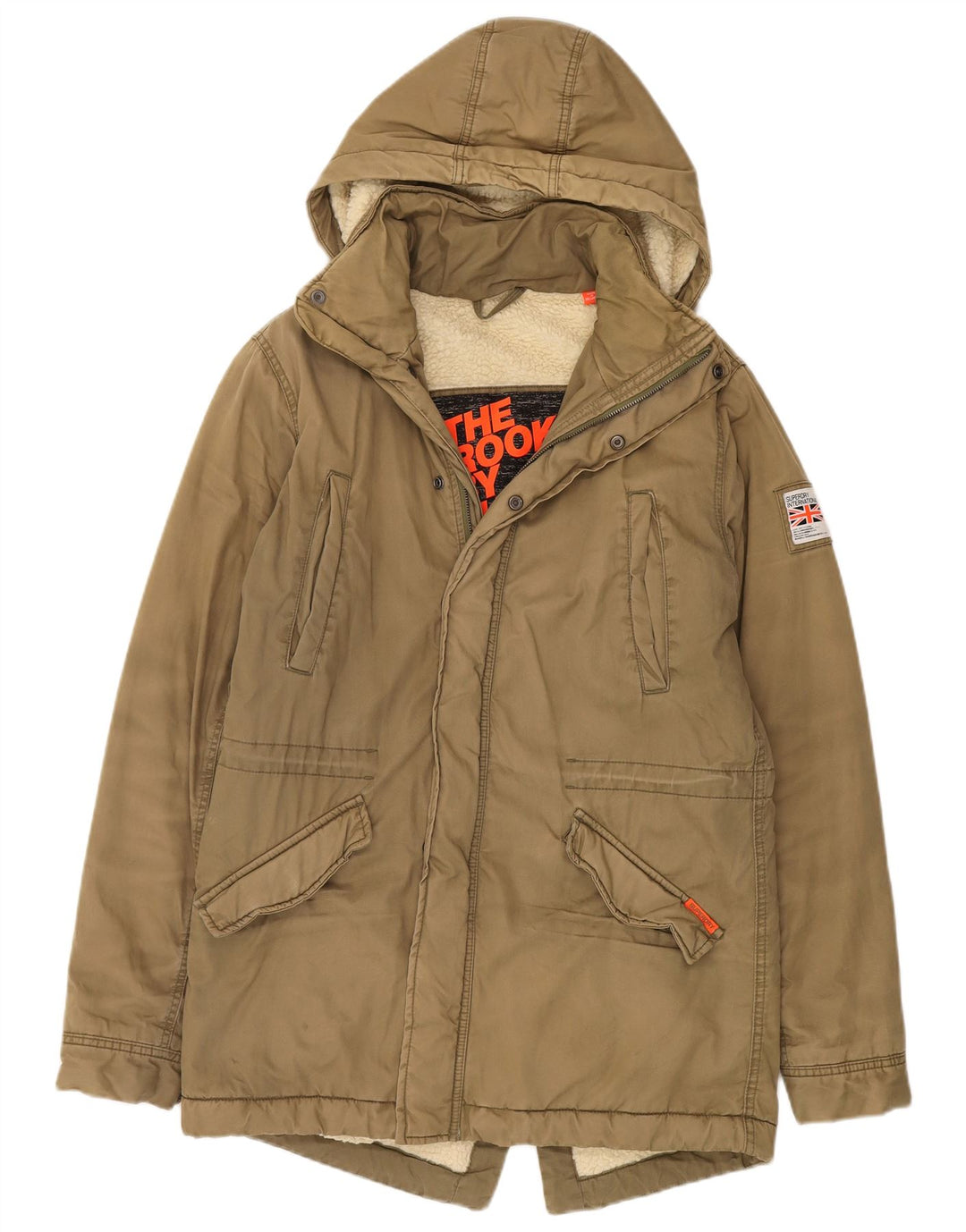Superdry Womens Hooded Parka Jacket UK 16 Large Khaki Cotton