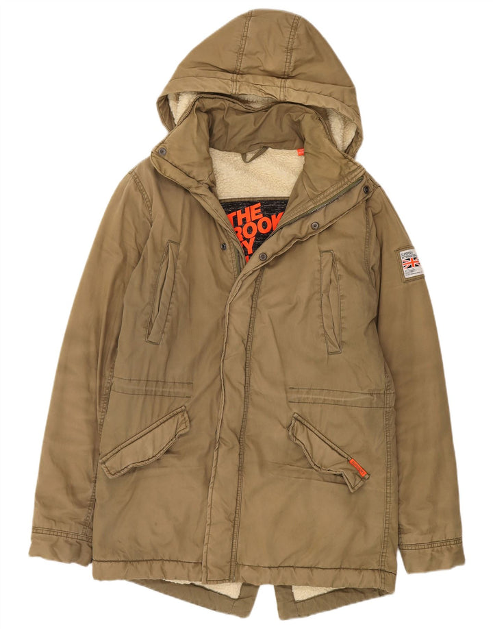 Superdry Womens Hooded Parka Jacket UK 16 Large Khaki Cotton