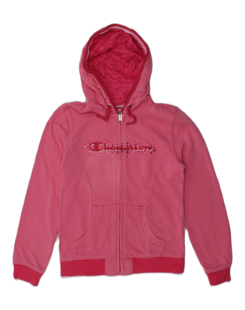 CHAMPION Girls Graphic Zip Hoodie Sweater 7-8 Years Small Pink Cotton | Vintage Champion | Thrift | Second-Hand Champion | Used Clothing | Messina Hembry 