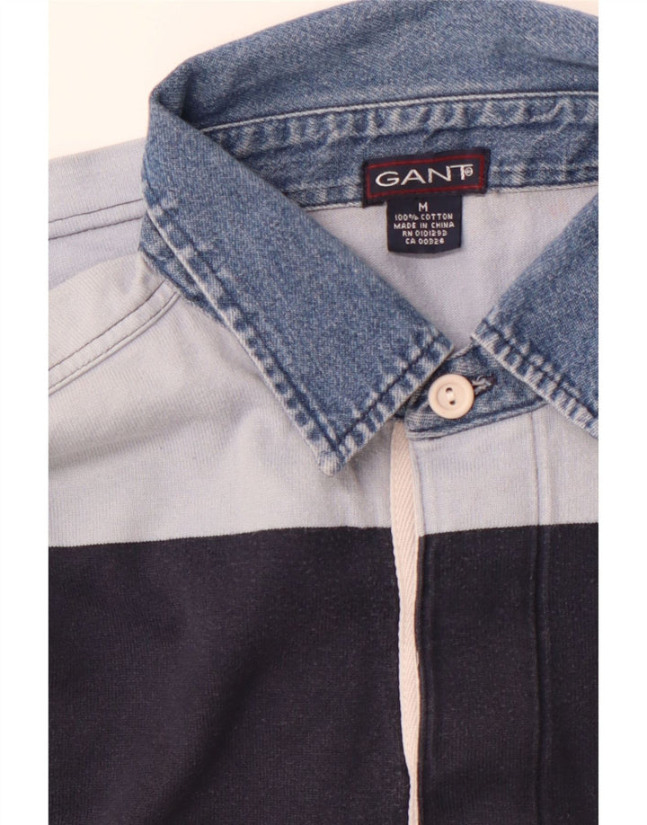 GANT Mens Long Sleeve Rugby Polo Shirt Medium Navy Blue Striped Cotton