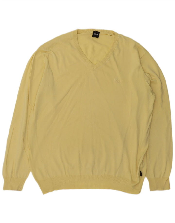 HUGO BOSS Mens V-Neck Jumper Sweater IT 54 XL Yellow Cotton