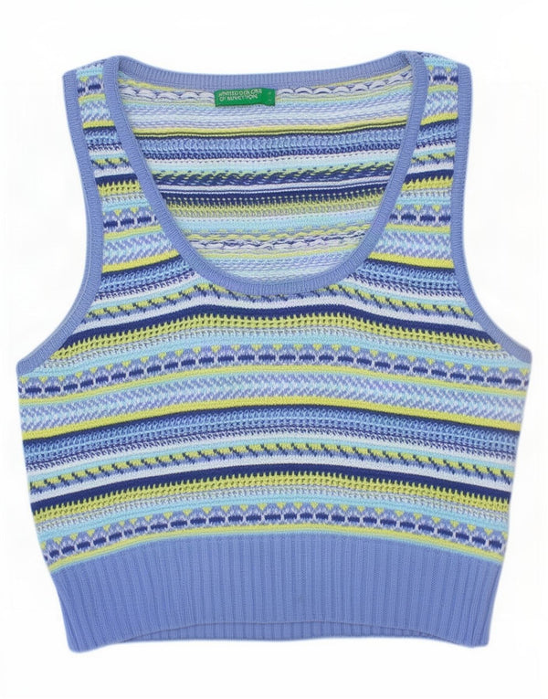 Benetton Womens Crop Vest Tank Top UK 8 Small Multicoloured Striped Cotton