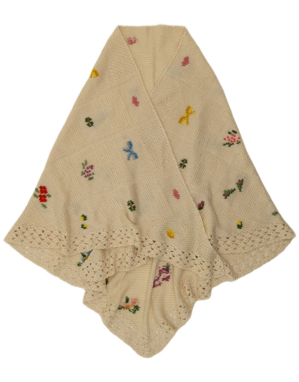 Vintage Womens Hand Knit Knit Shawl One Size  Off White Floral Bohemian