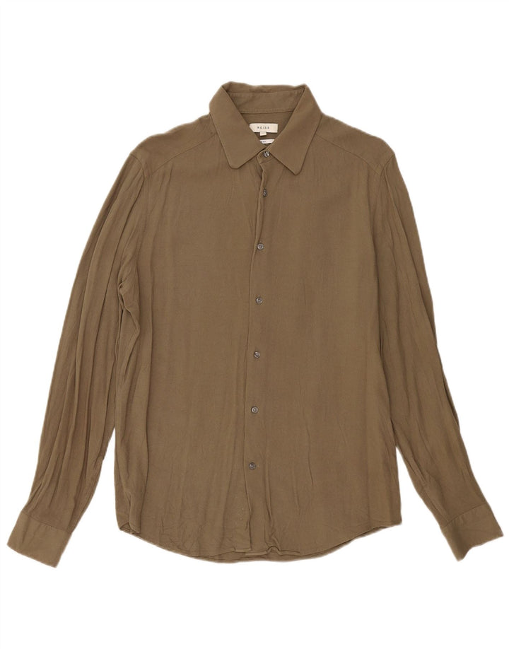 Reiss Mens Slim Fit Shirt Large Khaki Viscose