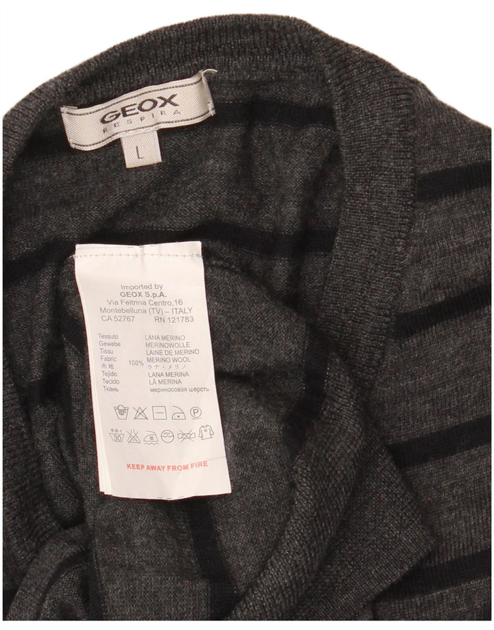 GEOX Womens V-Neck Jumper Sweater UK 16 Large Grey Striped Merino Wool