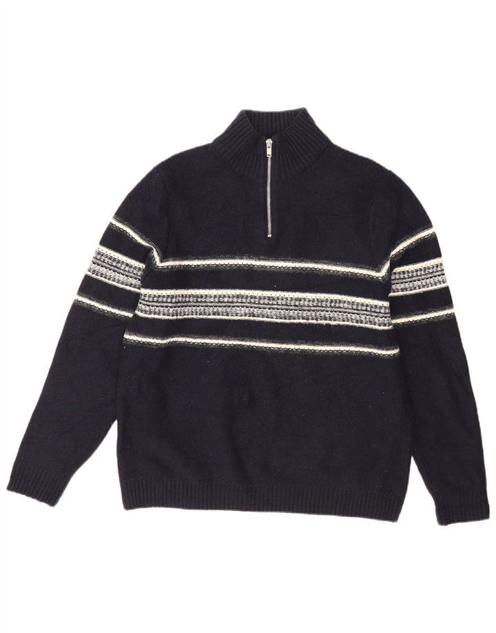 Marks & Spencer Mens Zip Neck Jumper Sweater Large Navy Blue Striped