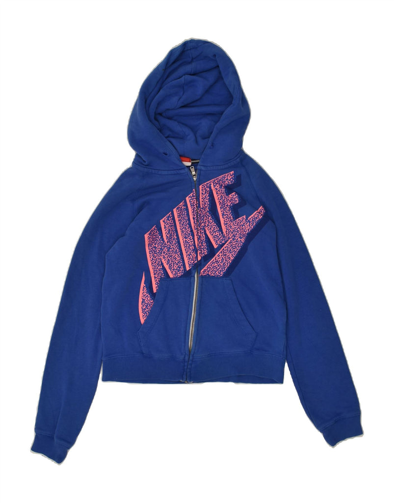 NIKE Womens Graphic Zip Hoodie Sweater UK 6 XS Blue Cotton | Vintage Nike | Thrift | Second-Hand Nike | Used Clothing | Messina Hembry 