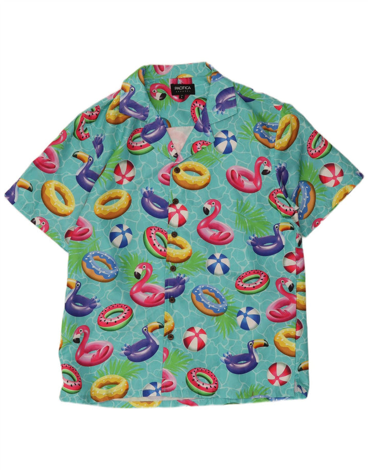 Apparel Mens Abstract Pattern Short Sleeve Shirt Large Turquoise Polyester