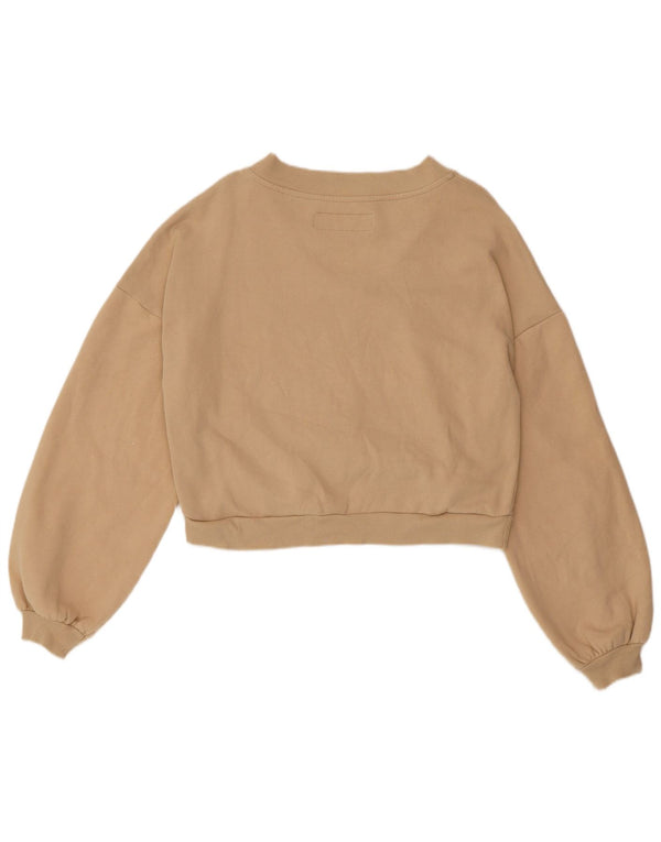 BENETTON Womens Crop Oversized Sweatshirt Jumper UK 10 Small Beige Cotton