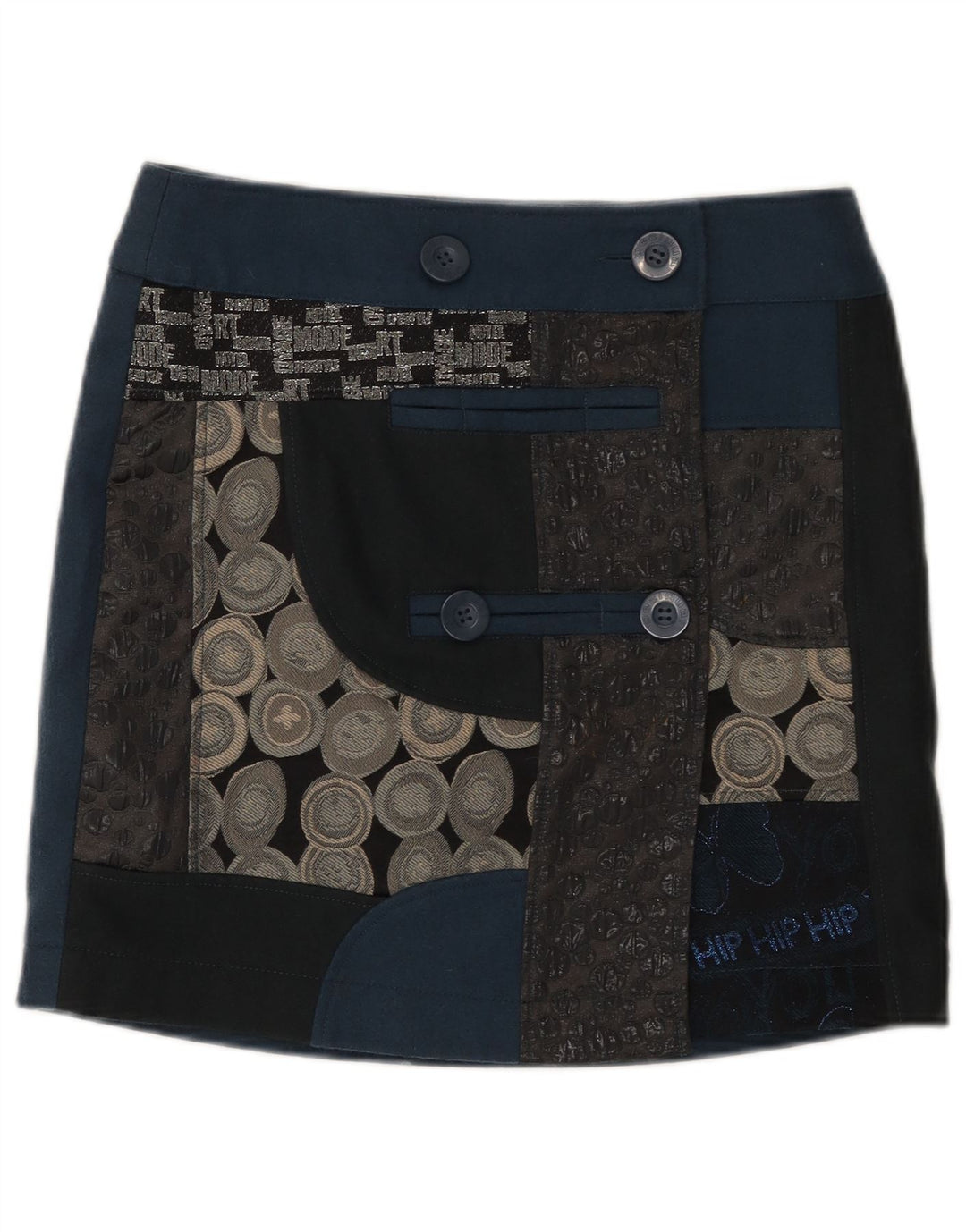Desigual Womens A-Line Skirt EU 38 Medium W32 Navy Blue Geometric