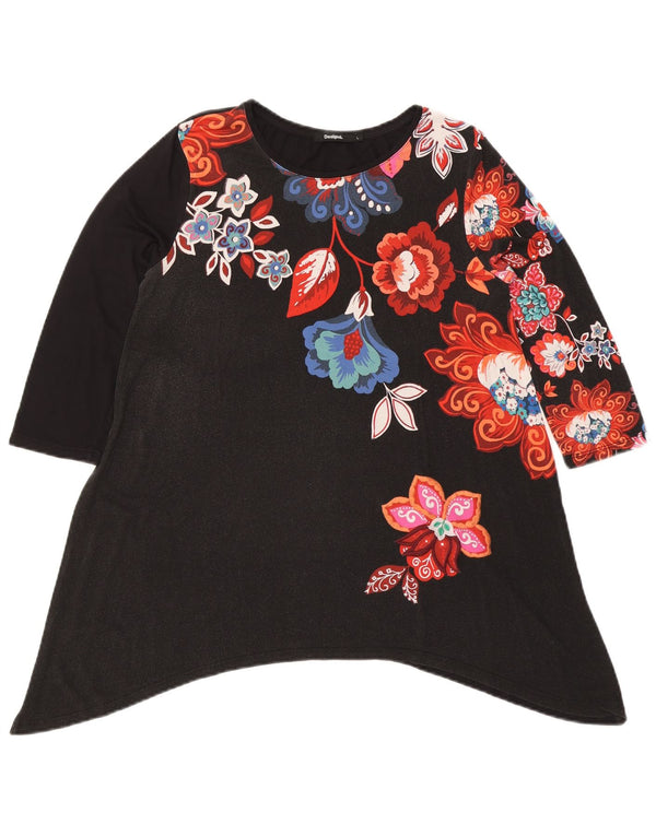 Desigual Womens Graphic 3/4 Sleeve Tunic Top UK 14 Large Black Floral