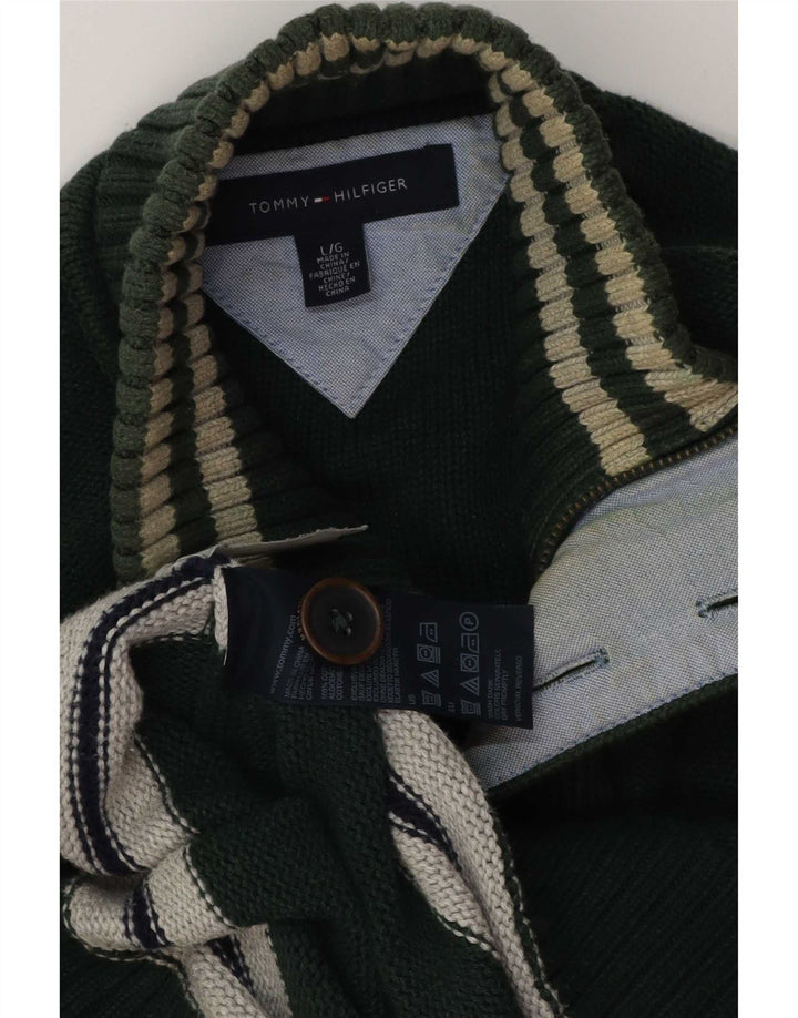 Tommy Hilfiger Mens Button Neck Jumper Sweater Large Green Colourblock