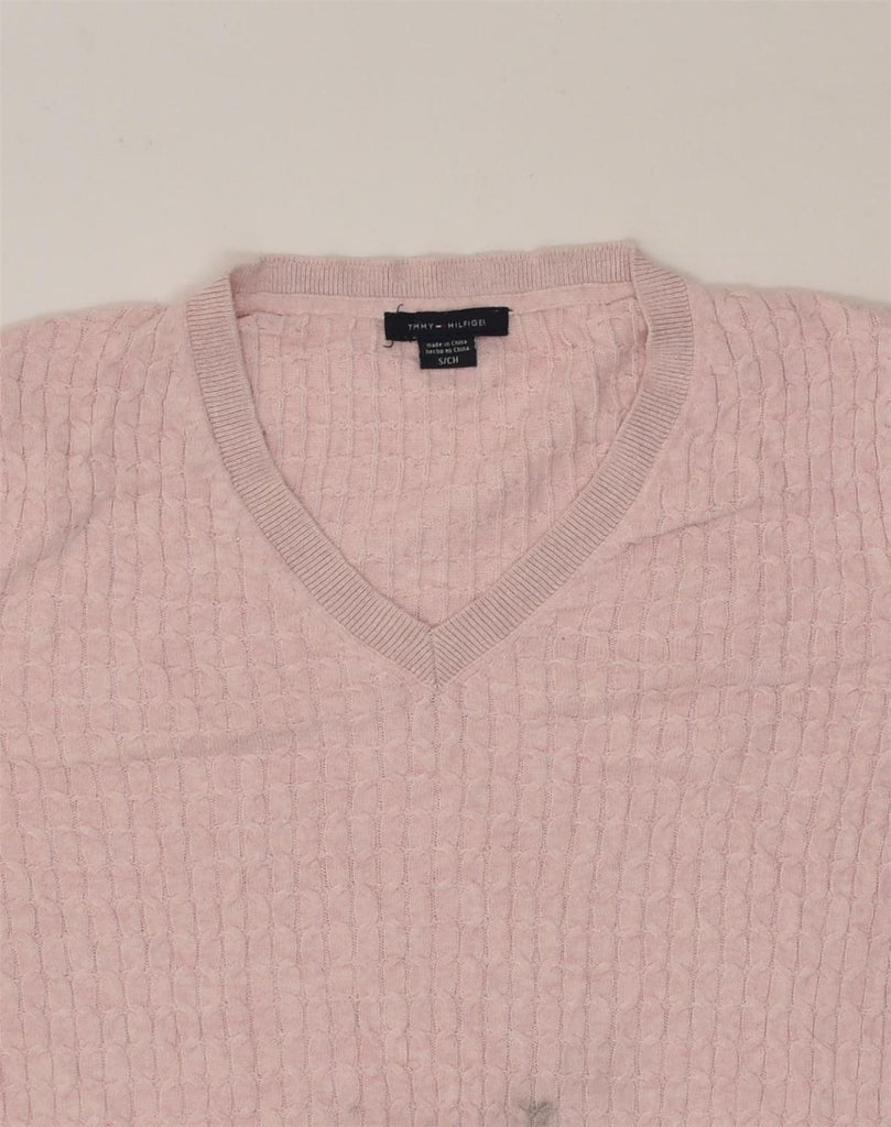 TOMMY HILFIGER Womens V-Neck Jumper Sweater UK 10 Small Pink Cotton | Vintage Tommy Hilfiger | Thrift | Second-Hand Tommy Hilfiger | Used Clothing | Messina Hembry 