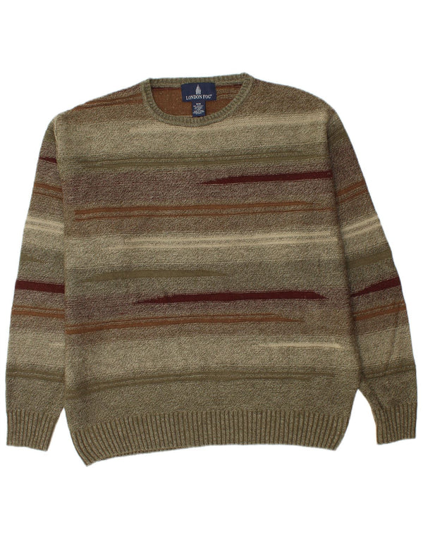 LONDON FOG Mens Crew Neck Jumper Sweater Medium Khaki Striped Acrylic
