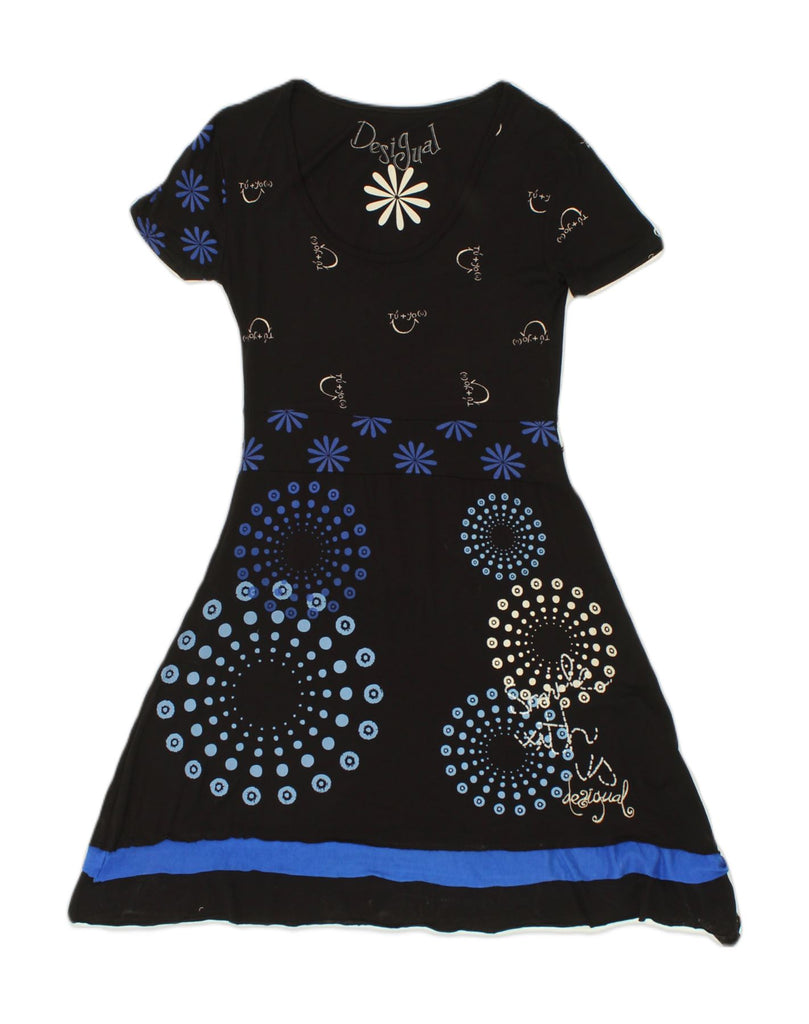 DESIGUAL Womens Graphic A-Line Dress UK 12 Medium Navy Blue Floral Viscose | Vintage Desigual | Thrift | Second-Hand Desigual | Used Clothing | Messina Hembry 