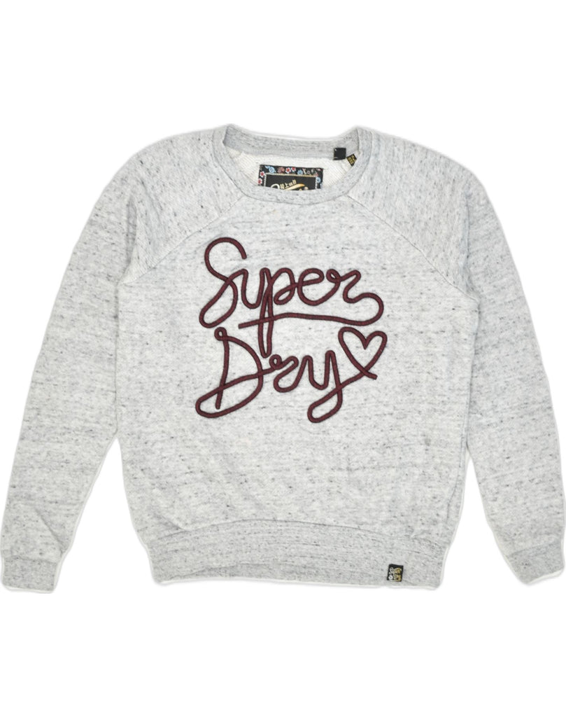 SUPERDRY Womens Graphic Sweatshirt Jumper UK 10 Small  Grey Flecked Cotton | Vintage Superdry | Thrift | Second-Hand Superdry | Used Clothing | Messina Hembry 