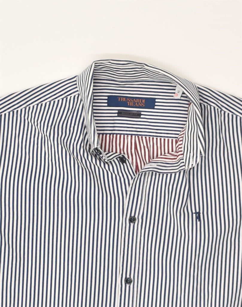 TRUSSARDI Mens Regular Fit Shirt Size 38 Medium Navy Blue Striped Cotton | Vintage Trussardi | Thrift | Second-Hand Trussardi | Used Clothing | Messina Hembry 