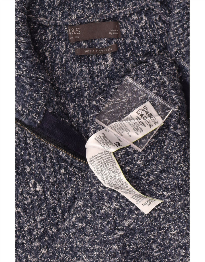 MARKS & SPENCER Mens Zip Neck Jumper Sweater Large Blue Flecked Classic