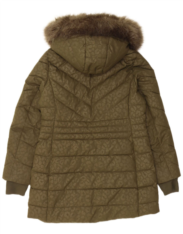 MICHAEL KORS Womens Hooded Padded Coat UK 14 Medium Khaki Animal Print