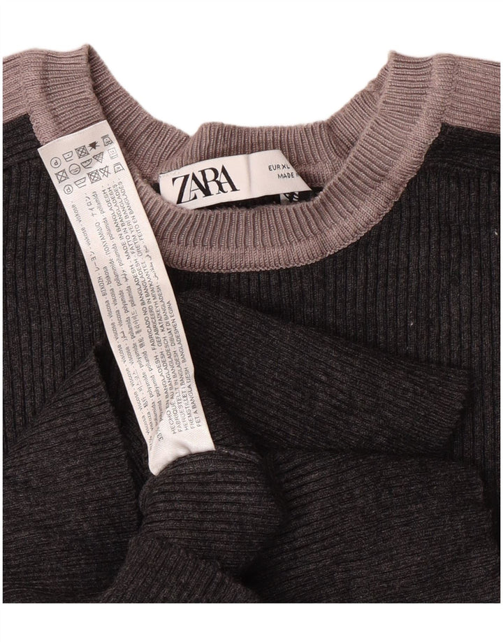 ZARA Womens Crop Boat Neck Jumper Sweater UK 18 XL Grey Colourblock