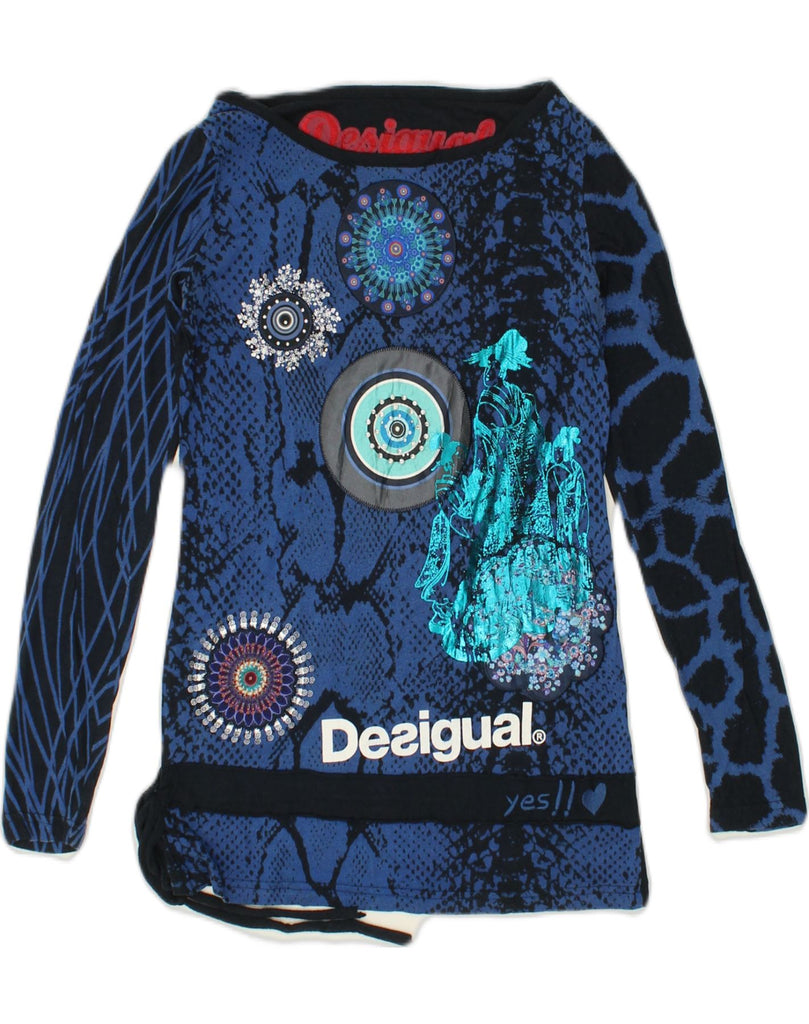 DESIGUAL Womens Graphic Top Long Sleeve UK 8 Small Navy Blue Patchwork | Vintage Desigual | Thrift | Second-Hand Desigual | Used Clothing | Messina Hembry 