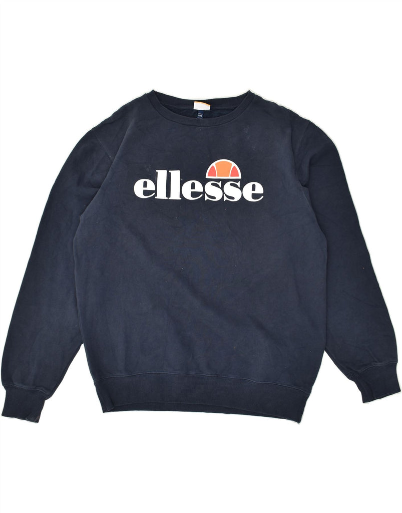 ELLESSE Womens Graphic Sweatshirt Jumper UK 14 Large  Navy Blue Cotton | Vintage Ellesse | Thrift | Second-Hand Ellesse | Used Clothing | Messina Hembry 