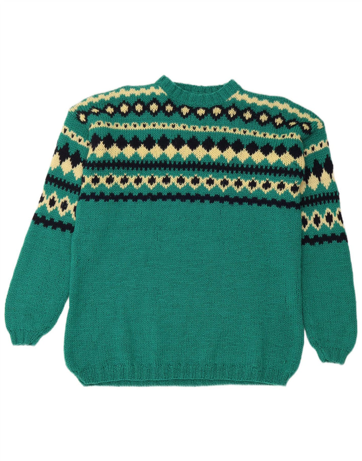 VINTAGE Womens Crew Neck Jumper Sweater UK 14 Large Green Fair Isle