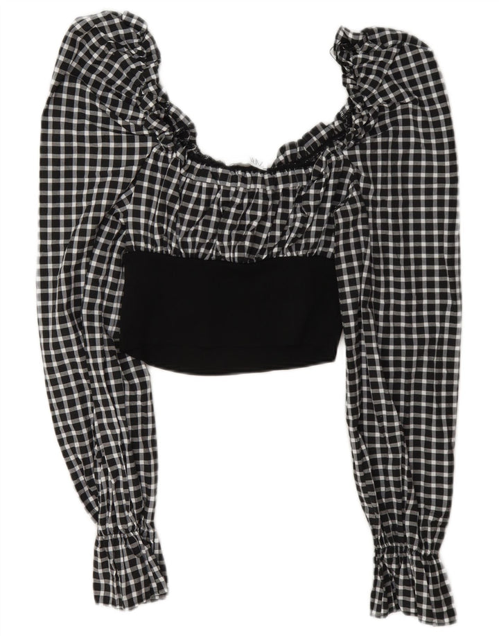 Zara Womens Long Sleeve Crop Top UK 12 Medium Black Gingham Polyamide
