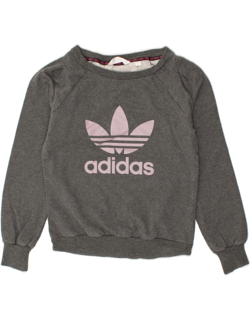 ADIDAS Womens Graphic Sweatshirt Jumper UK 12 Medium Grey Cotton | Vintage Adidas | Thrift | Second-Hand Adidas | Used Clothing | Messina Hembry 