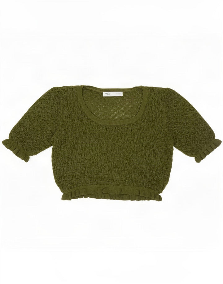 Zara Womens Crop Knit Blouse Top UK 12 Medium Khaki Viscose