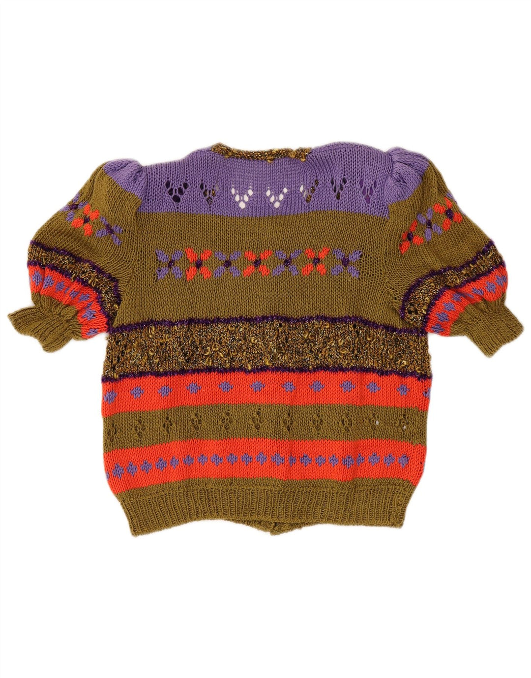 Vintage Womens Short Sleeve Cardigan Sweater UK 14 Medium Khaki Colourblock