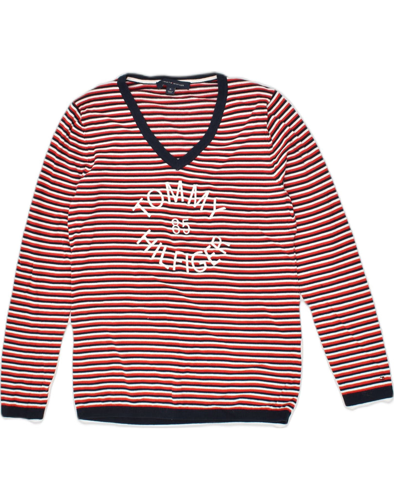 TOMMY HILFIGER Womens Longline Graphic V-Neck Jumper Sweater UK 14 Medium Red | Vintage Tommy Hilfiger | Thrift | Second-Hand Tommy Hilfiger | Used Clothing | Messina Hembry 