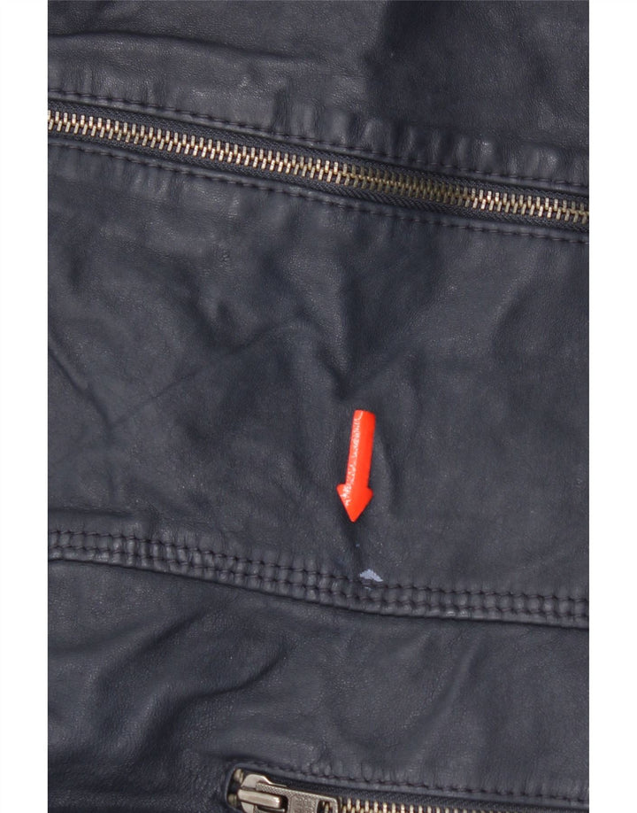 Superdry Womens Hooded Leather Jacket UK 14 Medium Navy Blue Leather