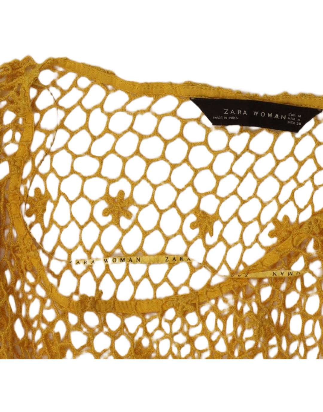 Zara Womens See Through Crochet Top 3/4 Sleeve UK 14 Medium Yellow