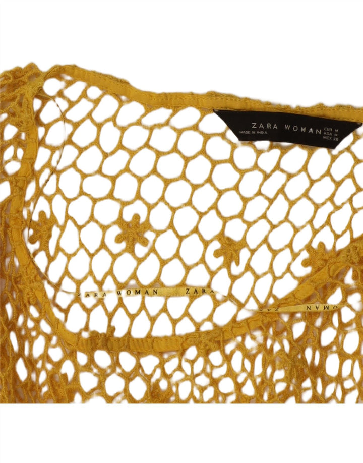 Zara Womens See Through Crochet Top 3/4 Sleeve UK 14 Medium Yellow