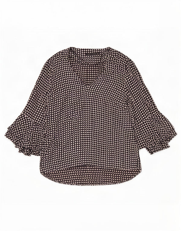 Zara Womens 3/4 Sleeve Blouse Top UK 16 Large Black Houndstooth Viscose