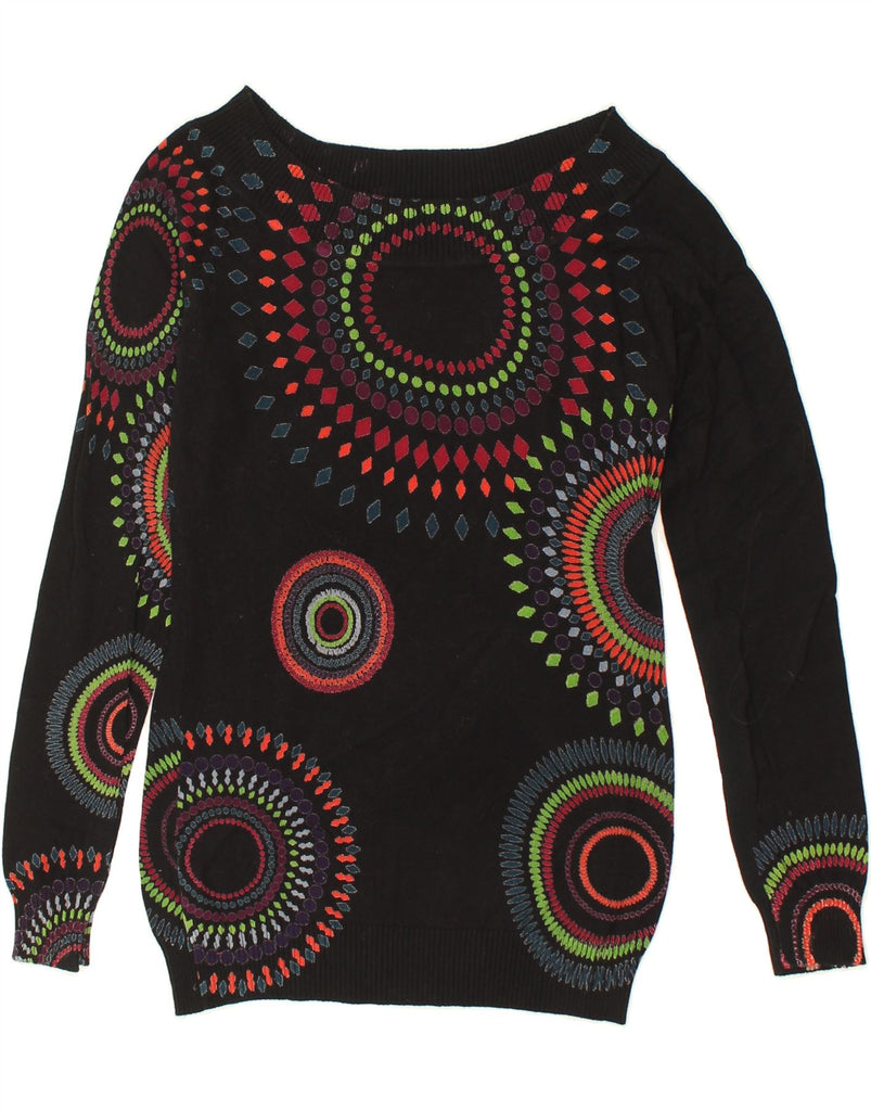 DESIGUAL Womens Graphic Boat Neck Jumper Sweater UK 12 Medium Black | Vintage Desigual | Thrift | Second-Hand Desigual | Used Clothing | Messina Hembry 