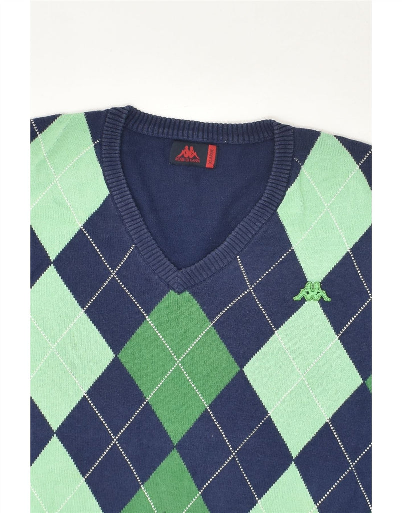 KAPPA Mens V-Neck Jumper Sweater XL Navy Blue Argyle/Diamond Cotton | Vintage Kappa | Thrift | Second-Hand Kappa | Used Clothing | Messina Hembry 