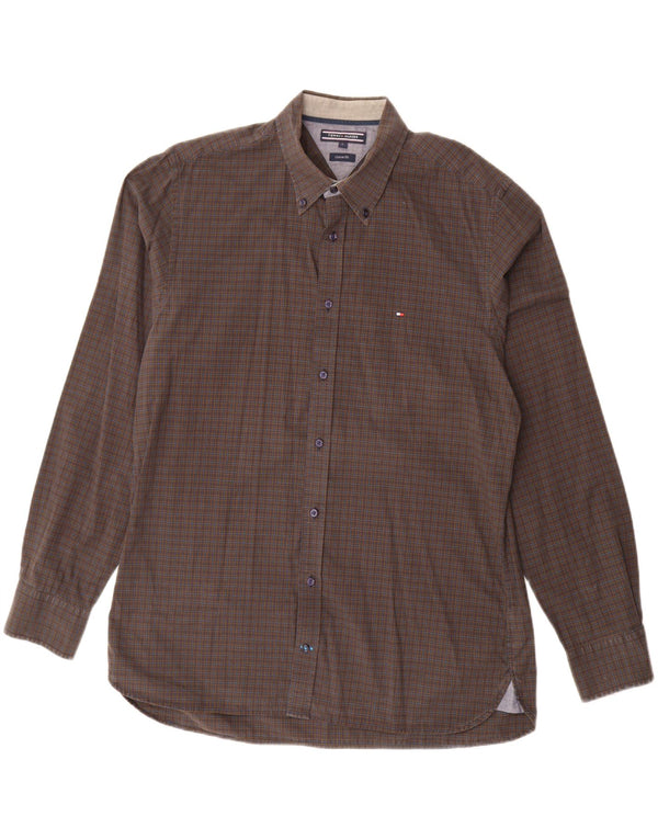 Tommy Hilfiger Mens Custom Fit Shirt Large Brown Check Cotton