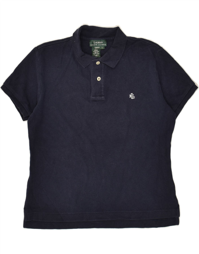 RALPH LAUREN Womens Slim Fit Polo Shirt UK 16 Large Navy Blue Cotton | Vintage Ralph Lauren | Thrift | Second-Hand Ralph Lauren | Used Clothing | Messina Hembry 