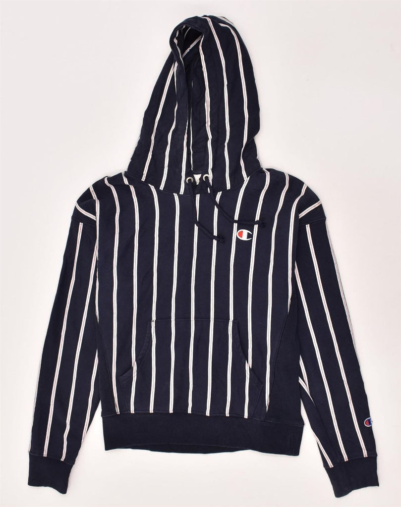 CHAMPION Womens Hoodie Jumper UK 14 Medium Navy Blue Pinstripe Cotton | Vintage Champion | Thrift | Second-Hand Champion | Used Clothing | Messina Hembry 