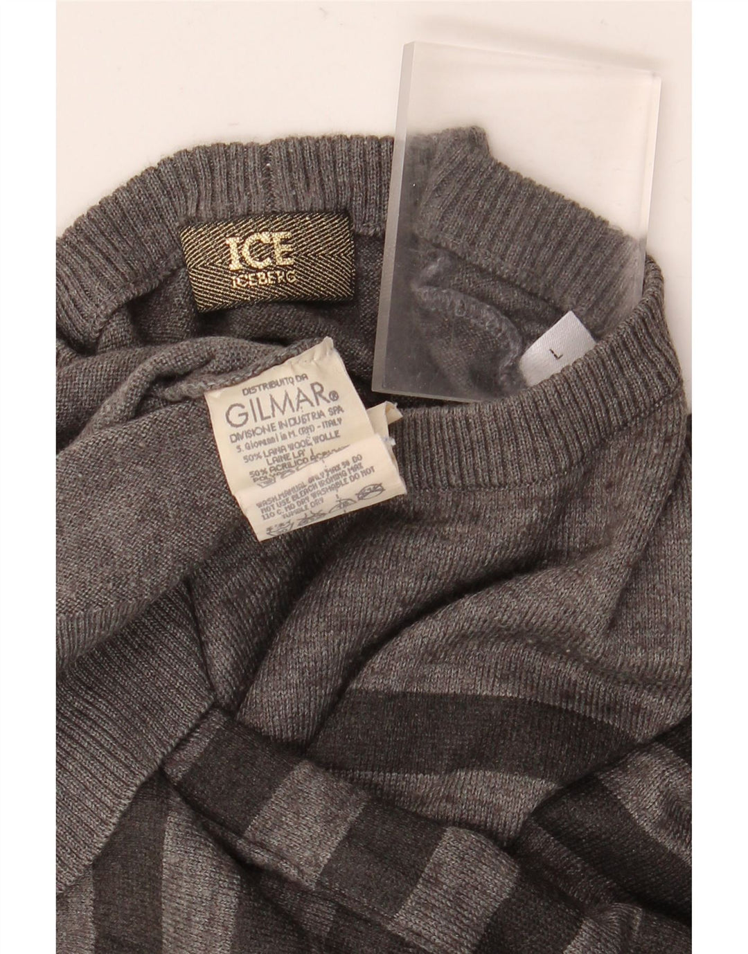 Iceberg Womens Crew Neck Jumper Sweater UK 16 Large Grey Striped Wool
