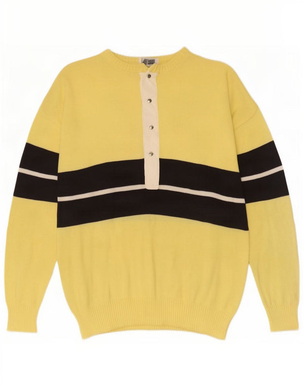 Vintage Mens Button Neck Jumper Sweater Medium Yellow Colourblock Cotton