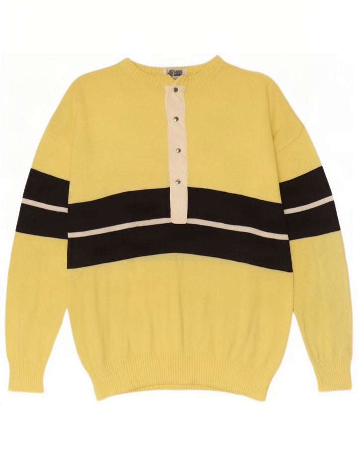 Vintage Mens Button Neck Jumper Sweater Medium Yellow Colourblock Cotton