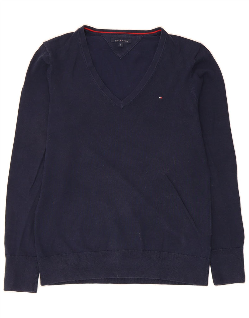 TOMMY HILFIGER Womens V-Neck Jumper Sweater UK 16 Large Navy Blue Cotton Vintage Tommy Hilfiger and Second-Hand Tommy Hilfiger from Messina Hembry 