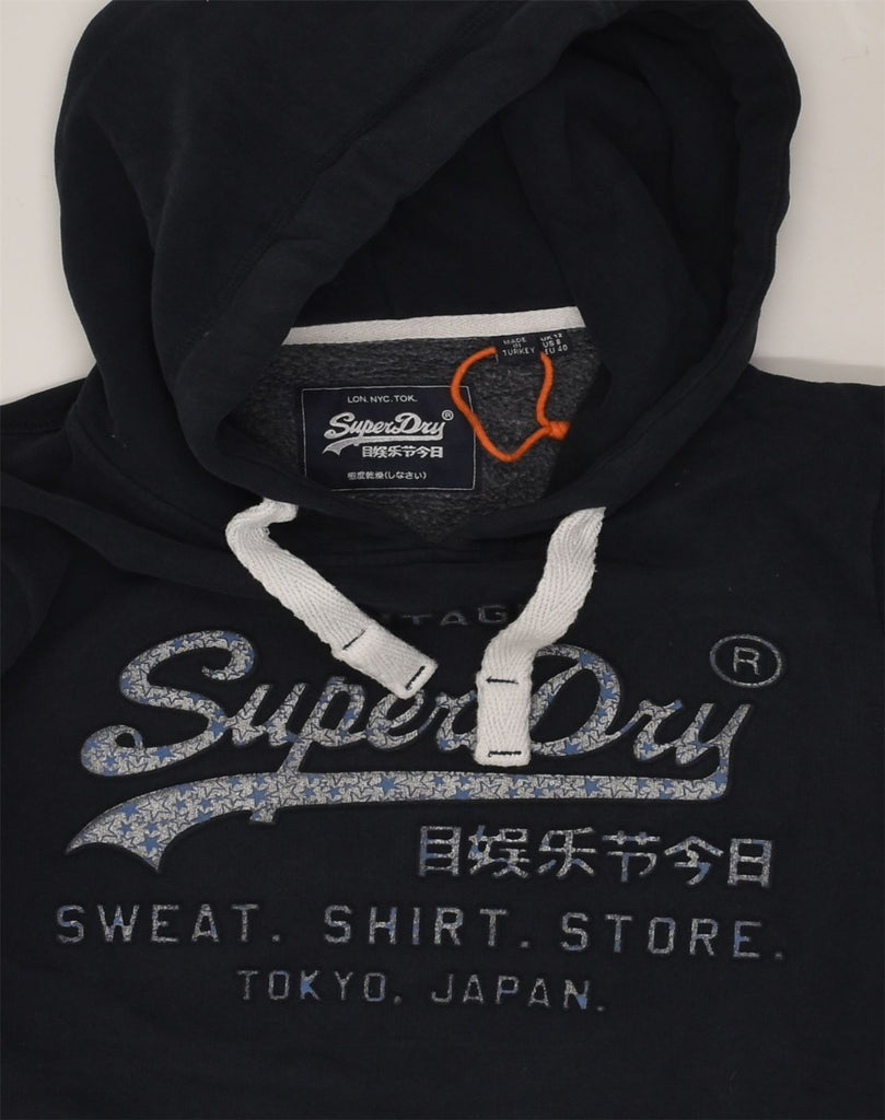 SUPERDRY Womens Graphic Hoodie Jumper UK 12 Medium Navy Blue Cotton | Vintage Superdry | Thrift | Second-Hand Superdry | Used Clothing | Messina Hembry 