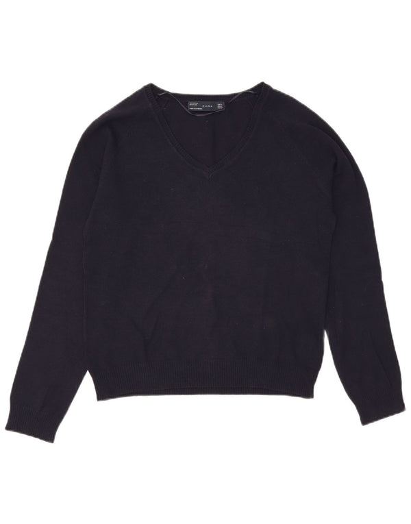 Zara Womens V-Neck Jumper Sweater UK 14 Large Navy Blue Cotton