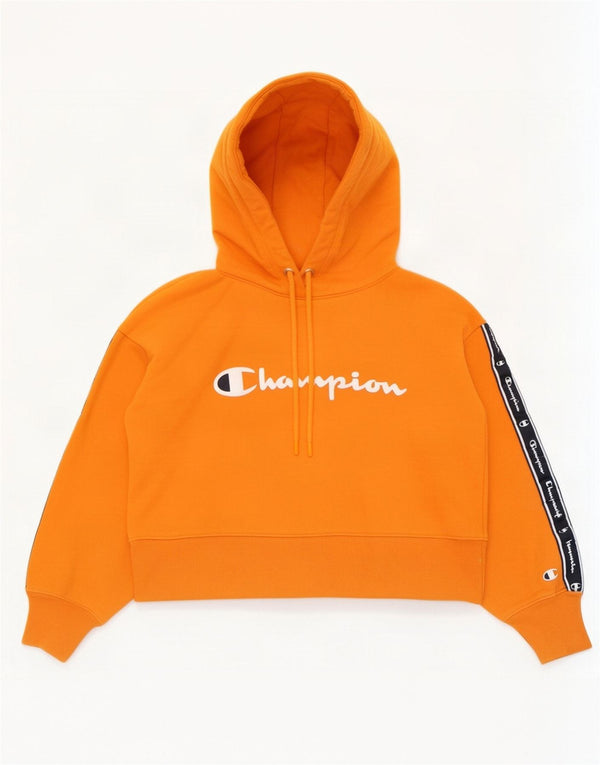 Champion Girls Crop Hoodie Jumper 7-8 Years Small Orange Colourblock