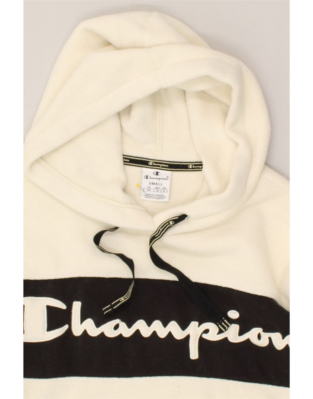 CHAMPION Mens Fleece Graphic Hoodie Jumper Small Off White Polyester | Vintage Champion | Thrift | Second-Hand Champion | Used Clothing | Messina Hembry 